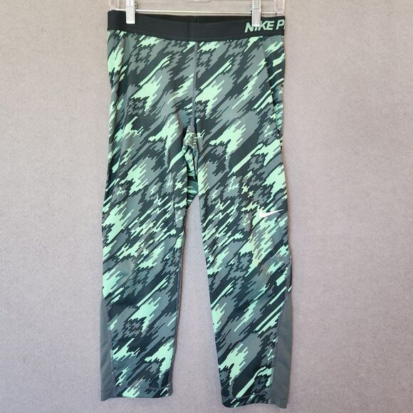 Womens L Nike Dri-Fit Legging 3/4 Crop‎ Green Pattern - Picture 1 of 11